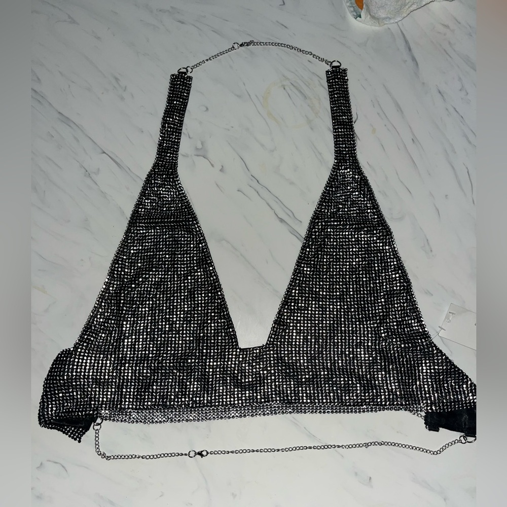 NWT Adam & Eve bustier studded bra top shirt bling new silver black chain os